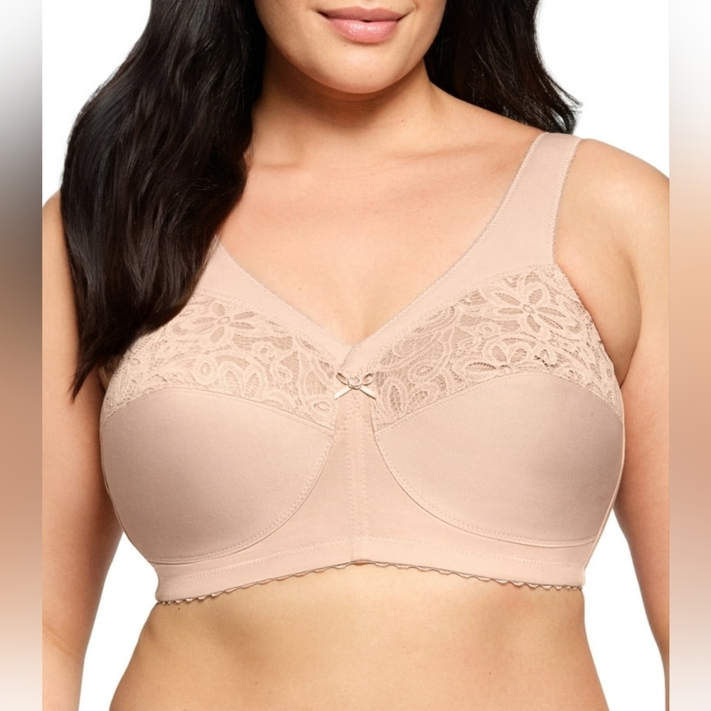 Glamorise Size 38G MagicLift Cotton Support Bra No Wire Lace Trim Beige 1001